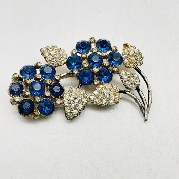 Vintage Double Flower Stem Pin Blue and Clear Rhinestones Gold Tone Floral READ - Picture 4 of 7